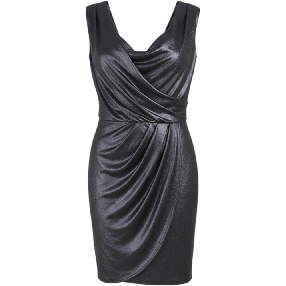 Maggy London Womens Metallic Cowl Neck Draped Sheath Cocktail Dress Grey Size 12